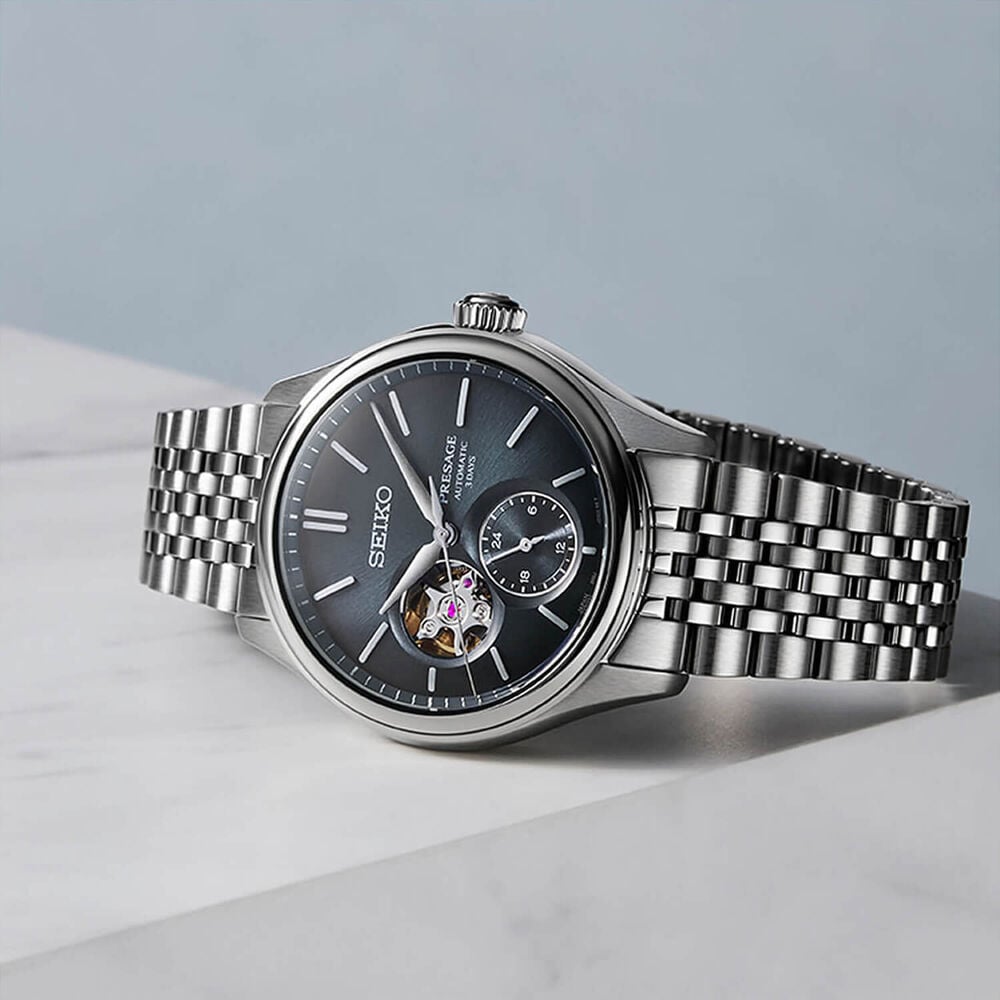 Seiko Presage Classic Open Heart 'Ai-iro' Japan Blue 40mm Dial Steel Bracelet Watch image number 4